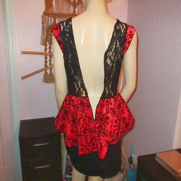 Vtg Y2K Flocked Velvet Peplum Pencil Mini Dress Size S Sheer Lace Bodycon Baddie - Picture 11 of 12